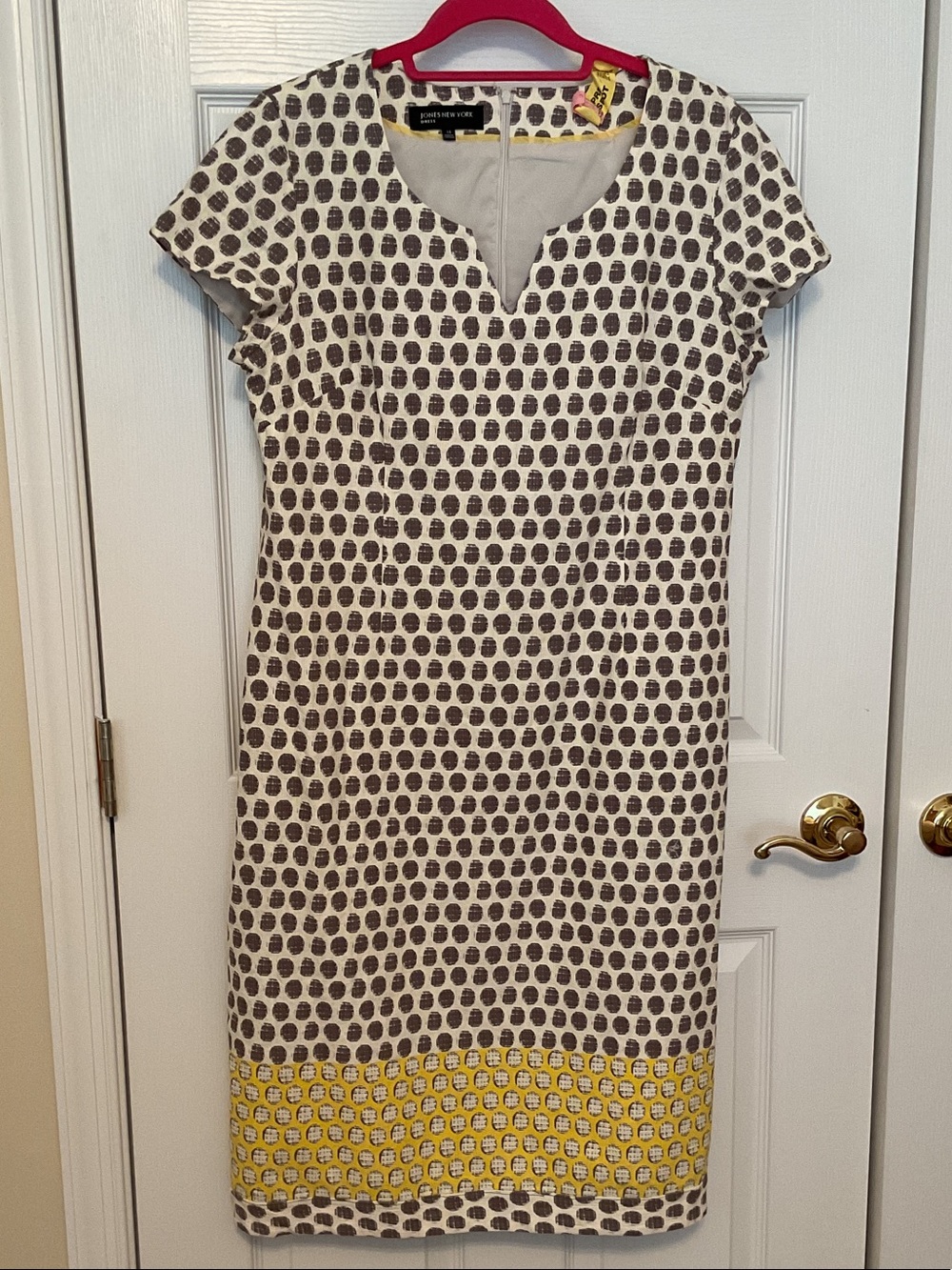 Jones New York Cream Dress with Brown Dot Print and Yellow Hem